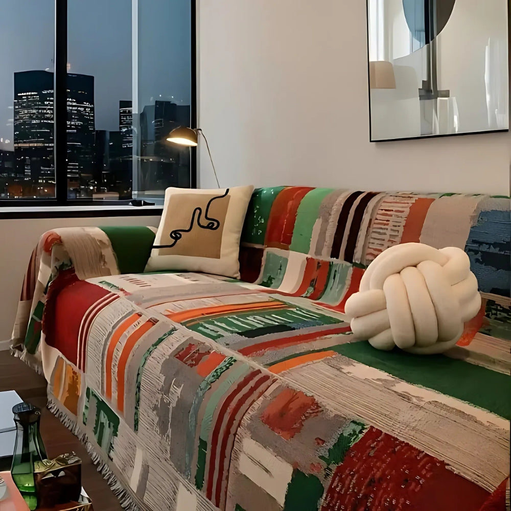 GeoHaven: Copridivano in design geometrico Boho in morbida microfibra – per divano e lounge