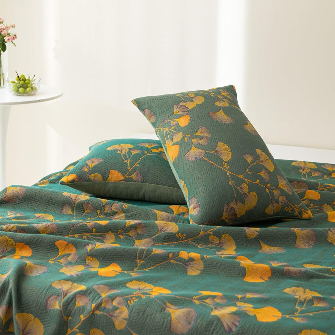 GinkLoom: Coperta in cotone reversibile con motivo jacquard ginkgo e struttura elegante – per camera da letto e soggiorno