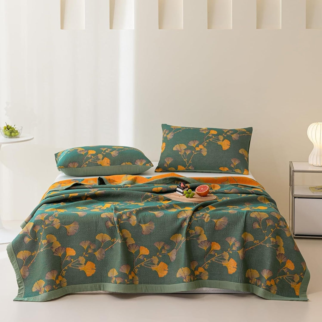 GinkLoom: Coperta in cotone reversibile con motivo jacquard ginkgo e struttura elegante – per camera da letto e soggiorno