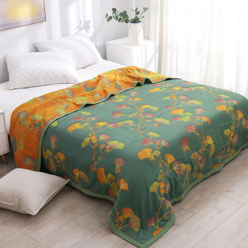 GinkLoom: Coperta in cotone reversibile con motivo jacquard ginkgo e struttura elegante – per camera da letto e soggiorno