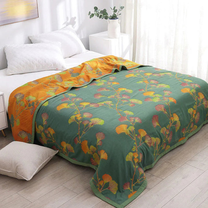 GinkLoom: Coperta in cotone reversibile con motivo jacquard ginkgo e struttura elegante – per camera da letto e soggiorno