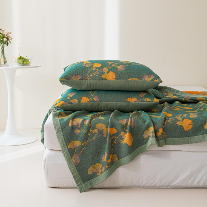 GinkLoom: Coperta in cotone reversibile con motivo jacquard ginkgo e struttura elegante – per camera da letto e soggiorno