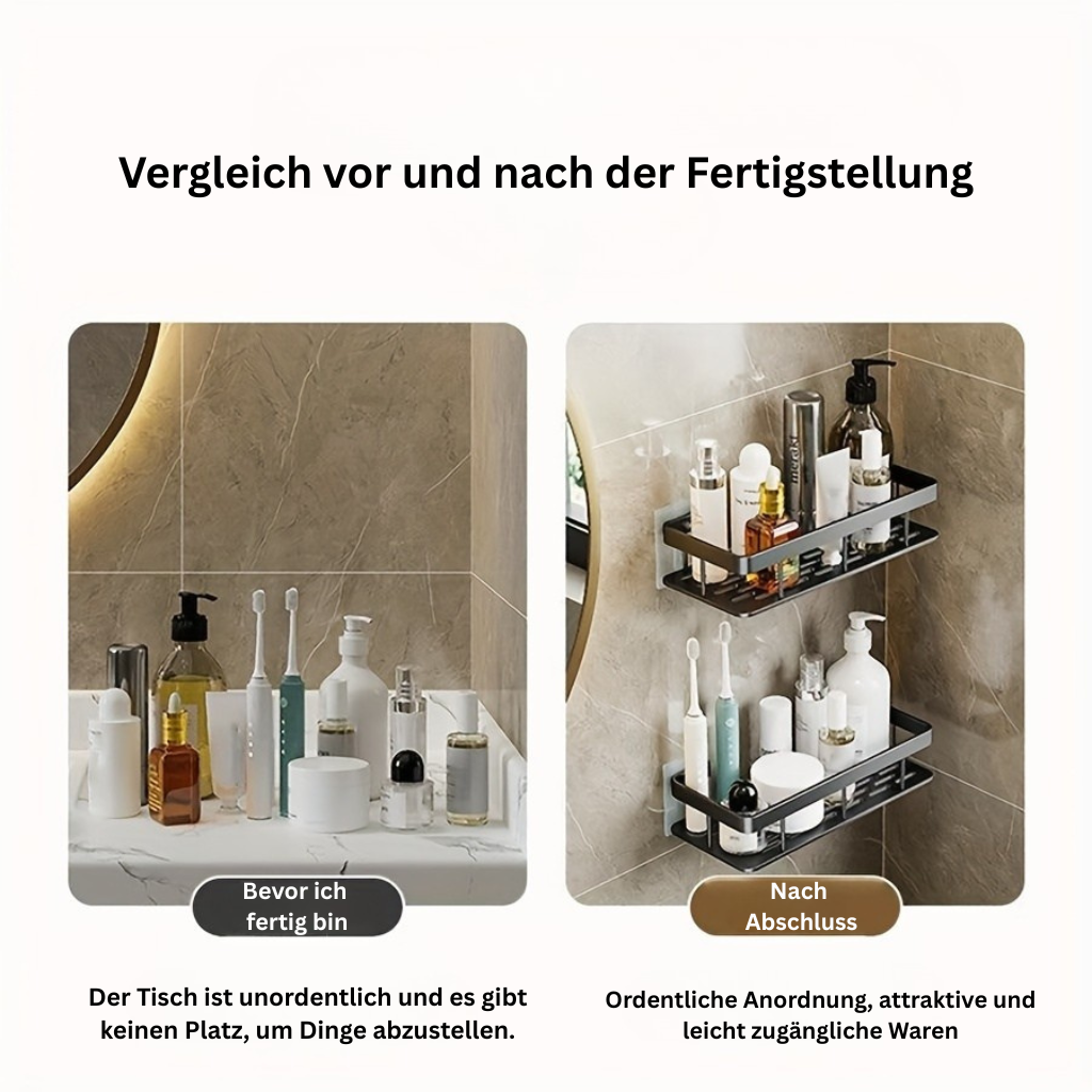 GlanzEcke: Mensola da bagno – moderna mensola in alluminio, decorativa e appesa senza forare per gel doccia e prodotti per la cura