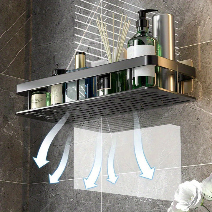 GlanzEcke: Mensola da bagno – moderna mensola in alluminio, decorativa e appesa senza forare per gel doccia e prodotti per la cura