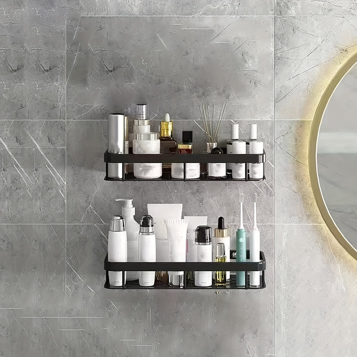 GlanzEcke: Mensola da bagno – moderna mensola in alluminio, decorativa e appesa senza forare per gel doccia e prodotti per la cura
