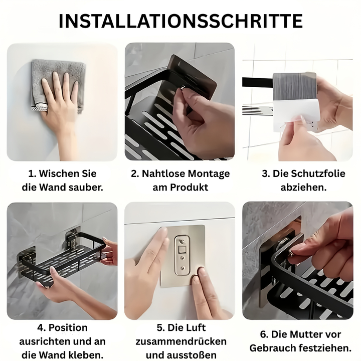GlanzEcke: Mensola da bagno – moderna mensola in alluminio, decorativa e appesa senza forare per gel doccia e prodotti per la cura