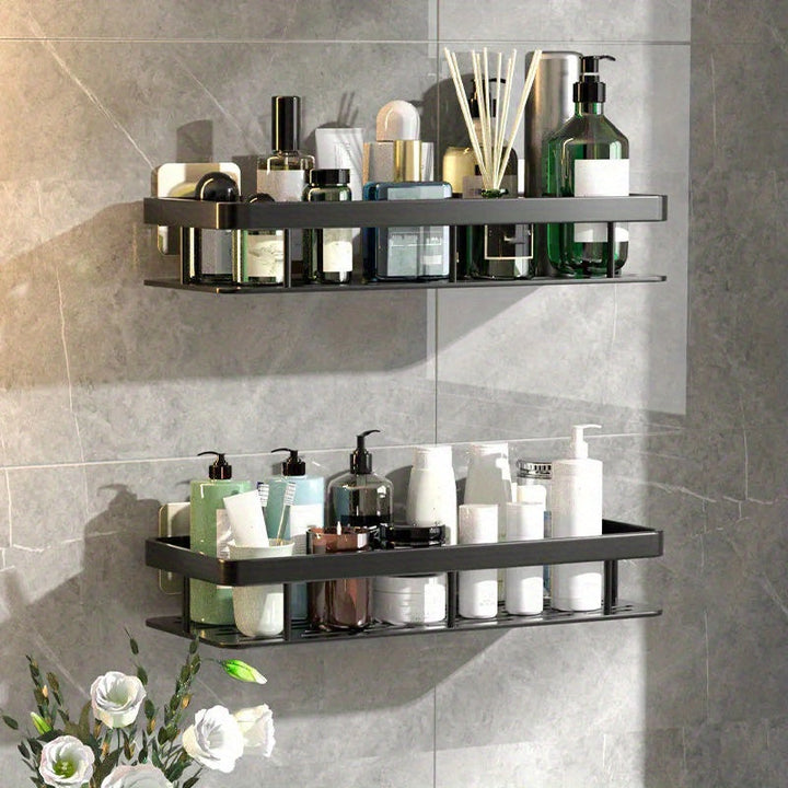 GlanzEcke: Mensola da bagno – moderna mensola in alluminio, decorativa e appesa senza forare per gel doccia e prodotti per la cura