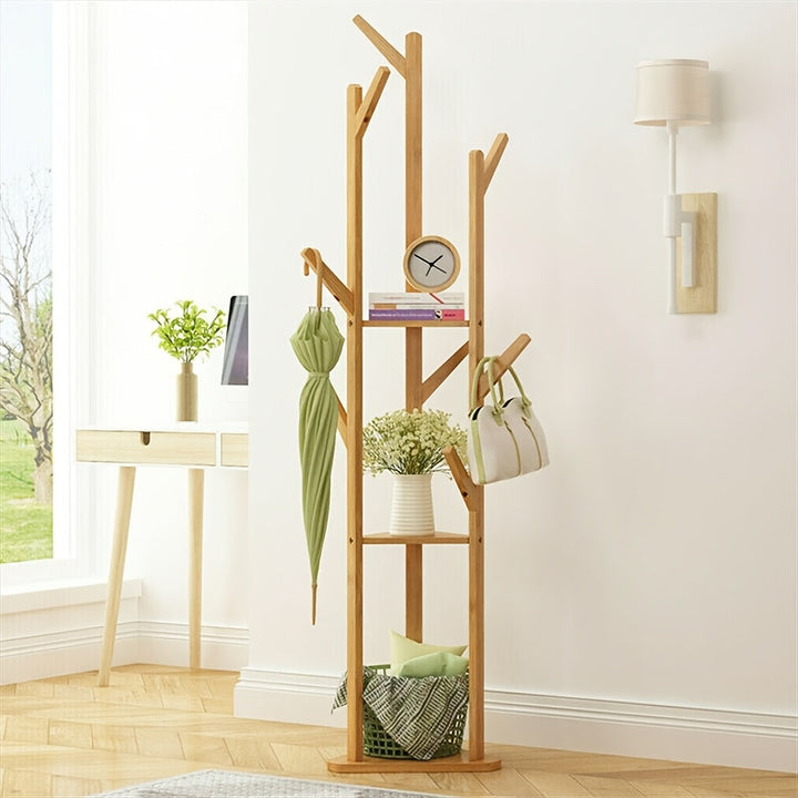 HolzGleichgewicht: Appendiabiti freestanding – elegante struttura in bambù con funzione girevole, compatta e decorativa per corridoio e soggiorno