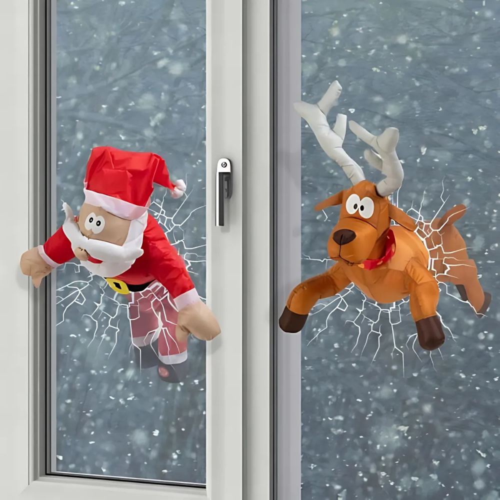 JollyCrash™ – Décoration de Fenêtre de Crash du Père Noël et des Rennes