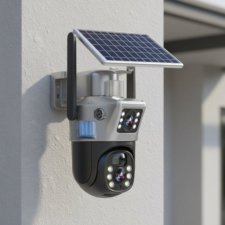 DUALGUARD CAM – Telecamera di Sicurezza Wireless 4K con Pannello Solare e Vista Panoramica a 360°