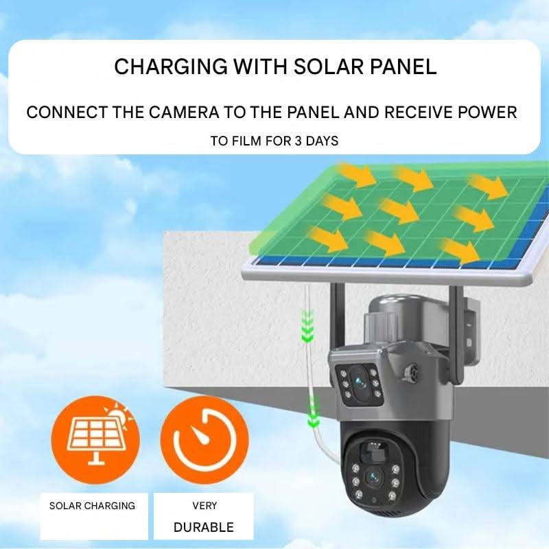 DUALGUARD CAM – Telecamera di Sicurezza Wireless 4K con Pannello Solare e Vista Panoramica a 360°