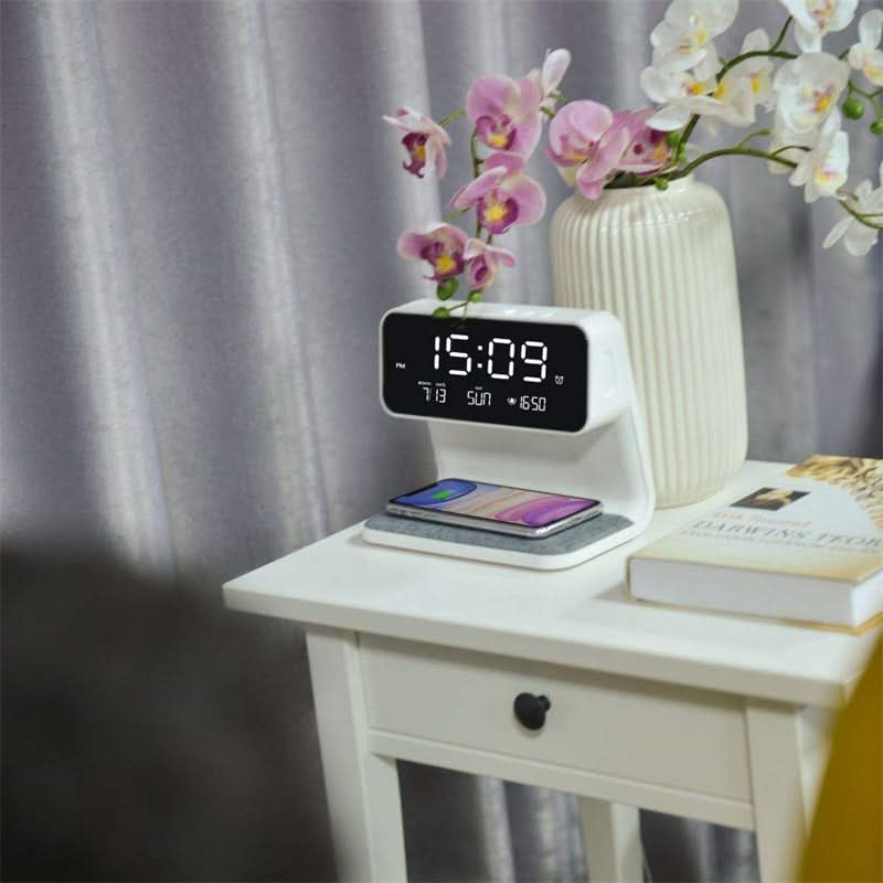 KlarBlick: Orologio da scrivania moderno con luce LED dimmerabile e stazione di ricarica induttiva – per home office e comodino