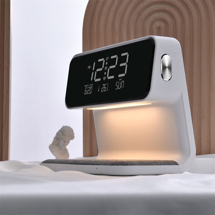 KlarBlick: Orologio da scrivania moderno con luce LED dimmerabile e stazione di ricarica induttiva – per home office e comodino