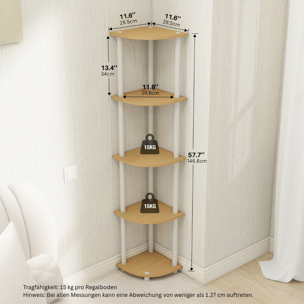 KlassischeEcke: Mensole angolari in legno – 5 piani, autoportanti e decorative in stile classico per camera da letto e soggiorno