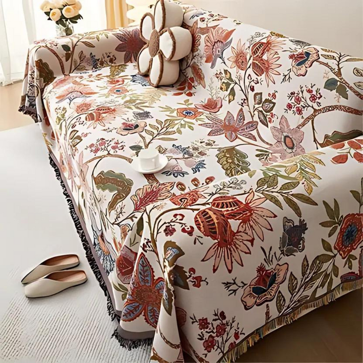 CharmeRurale: Copr sofa con motivo floreale e frange decorative – per soggiorno e divano