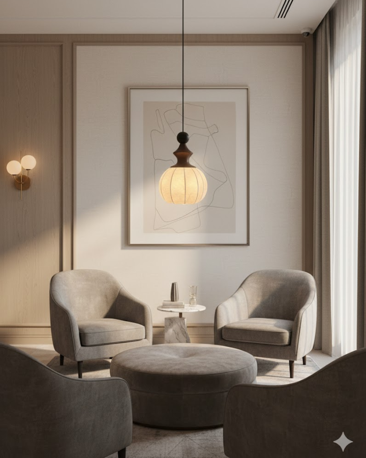 LichtSeide: Lampada a sospensione moderna – lampada in tessuto lussuoso con dettagli in legno, elegante per camera da letto e lounge