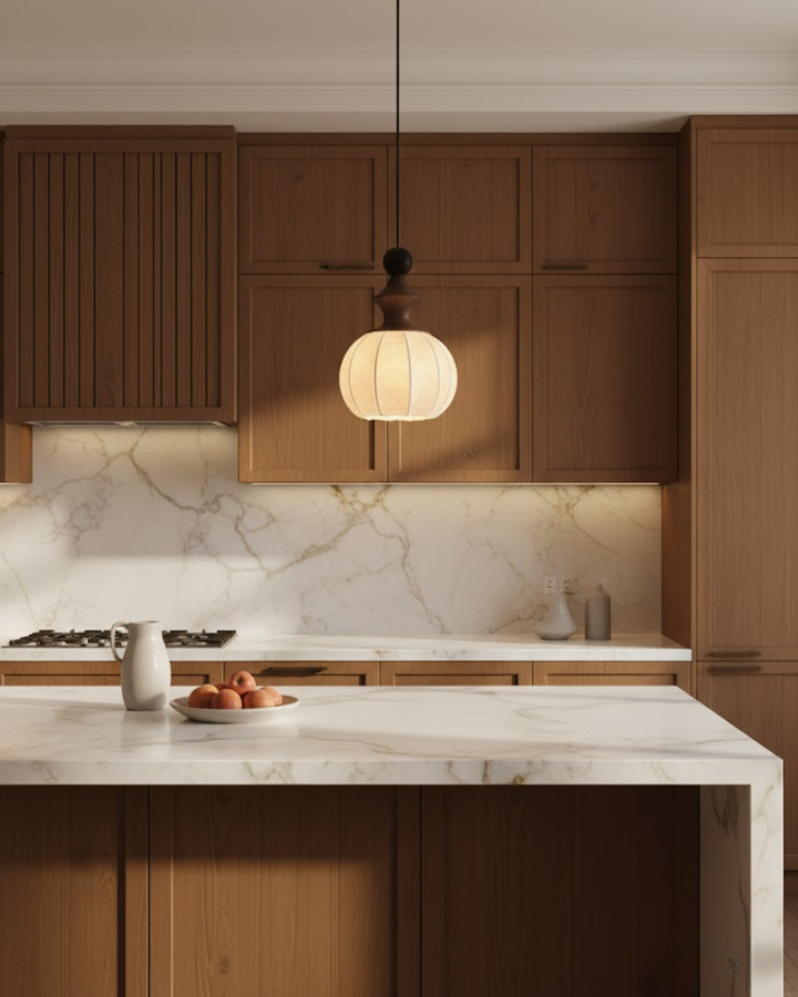 LichtSeide: Lampada a sospensione moderna – lampada in tessuto lussuoso con dettagli in legno, elegante per camera da letto e lounge