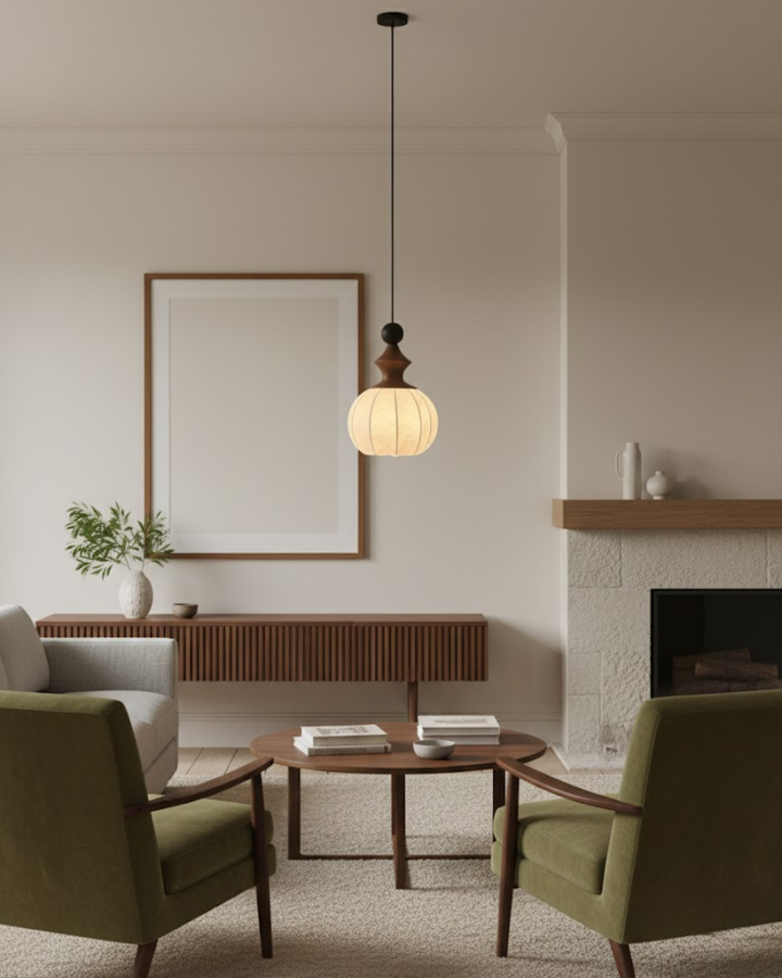 LichtSeide: Lampada a sospensione moderna – lampada in tessuto lussuoso con dettagli in legno, elegante per camera da letto e lounge