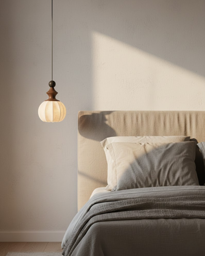 LichtSeide: Lampada a sospensione moderna – lampada in tessuto lussuoso con dettagli in legno, elegante per camera da letto e lounge