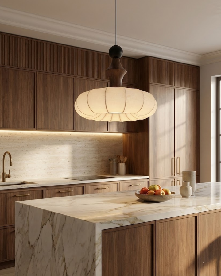 LichtSeide: Lampada a sospensione moderna – lampada in tessuto lussuoso con dettagli in legno, elegante per camera da letto e lounge