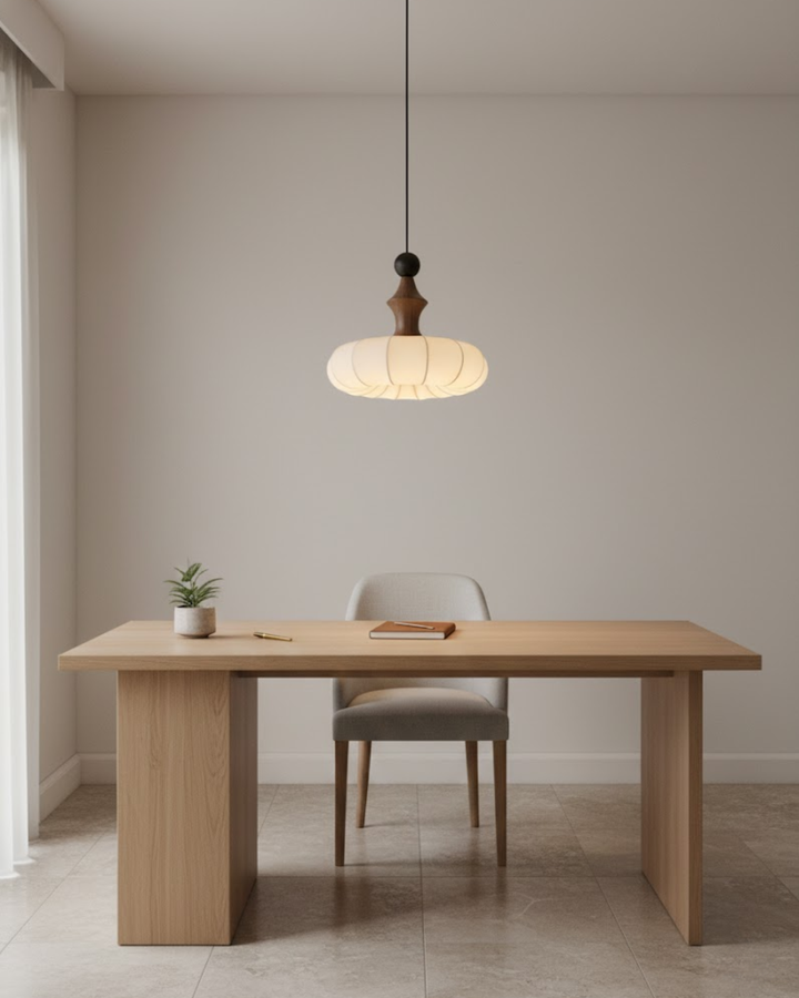 LichtSeide: Lampada a sospensione moderna – lampada in tessuto lussuoso con dettagli in legno, elegante per camera da letto e lounge