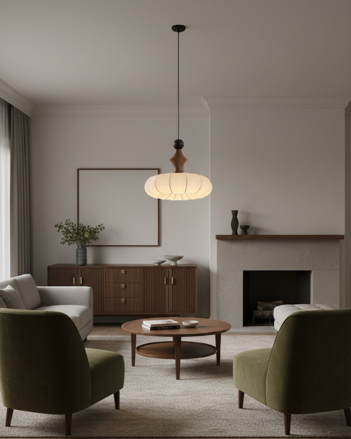 LichtSeide: Lampada a sospensione moderna – lampada in tessuto lussuoso con dettagli in legno, elegante per camera da letto e lounge