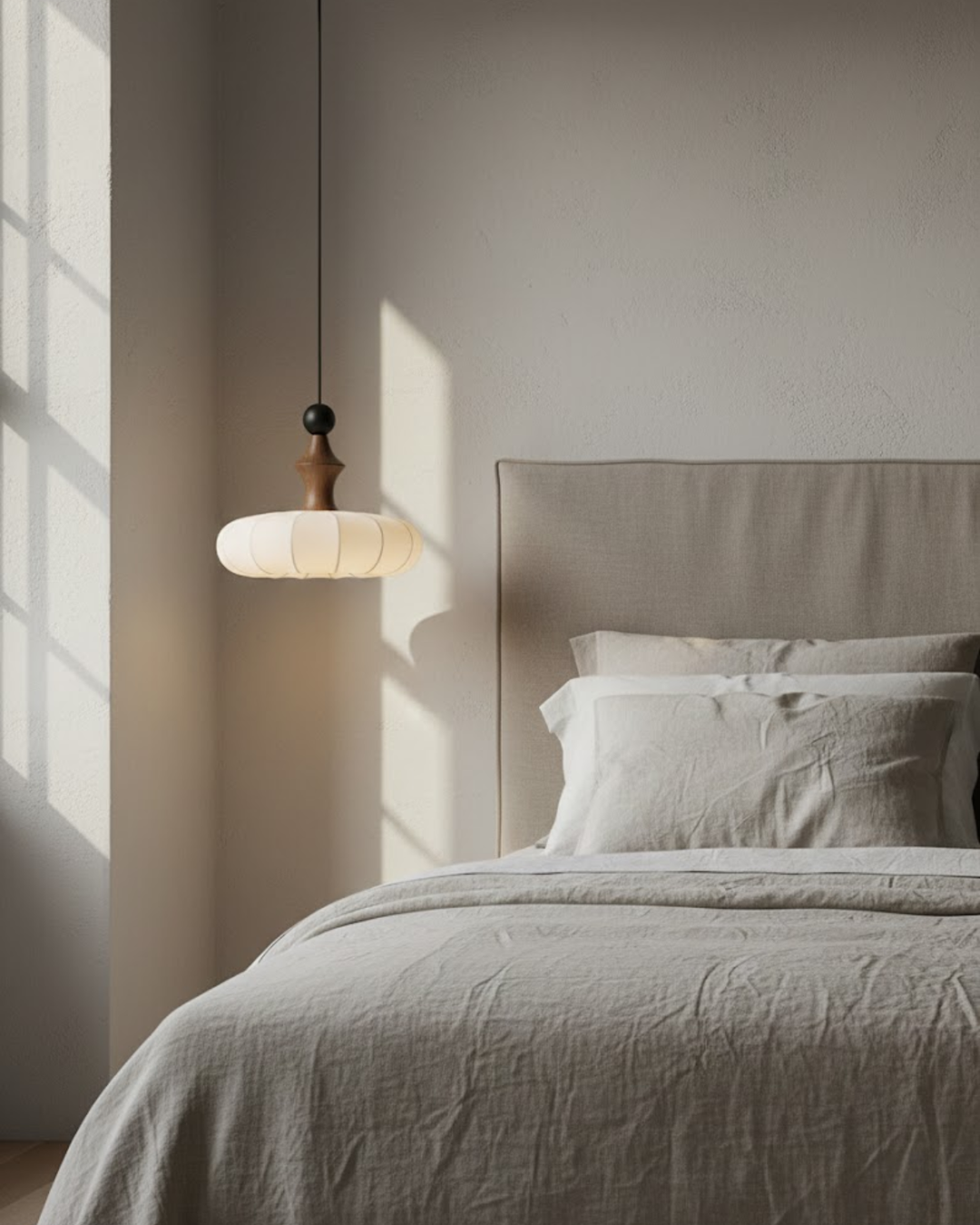 LichtSeide: Lampada a sospensione moderna – lampada in tessuto lussuoso con dettagli in legno, elegante per camera da letto e lounge