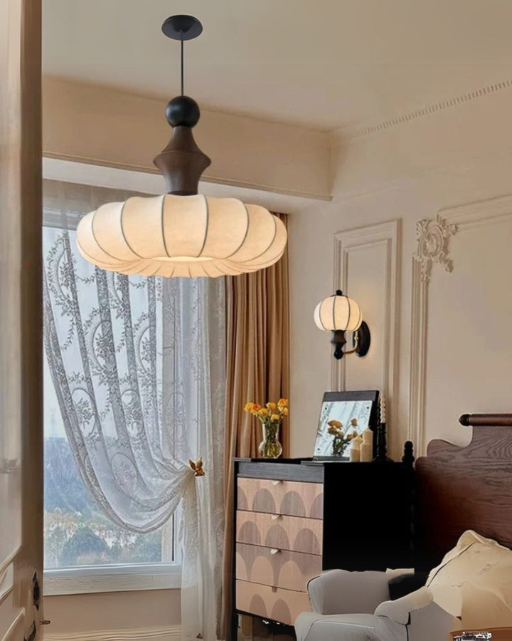 LichtSeide: Lampada a sospensione moderna – lampada in tessuto lussuoso con dettagli in legno, elegante per camera da letto e lounge