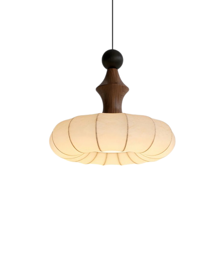 LichtSeide: Lampada a sospensione moderna – lampada in tessuto lussuoso con dettagli in legno, elegante per camera da letto e lounge