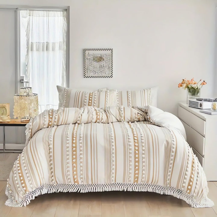 LineaWeich: Set copripiumino moderno – morbido, traspirante e decorativo con design a righe e pompon per la camera da letto