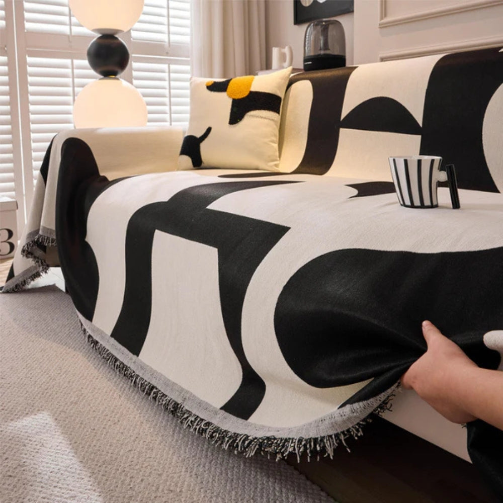 LioraWeave: Copertura per divano in design Boho-Jacquard in lussuosa chenille con accento di frange – per divano e soggiorno