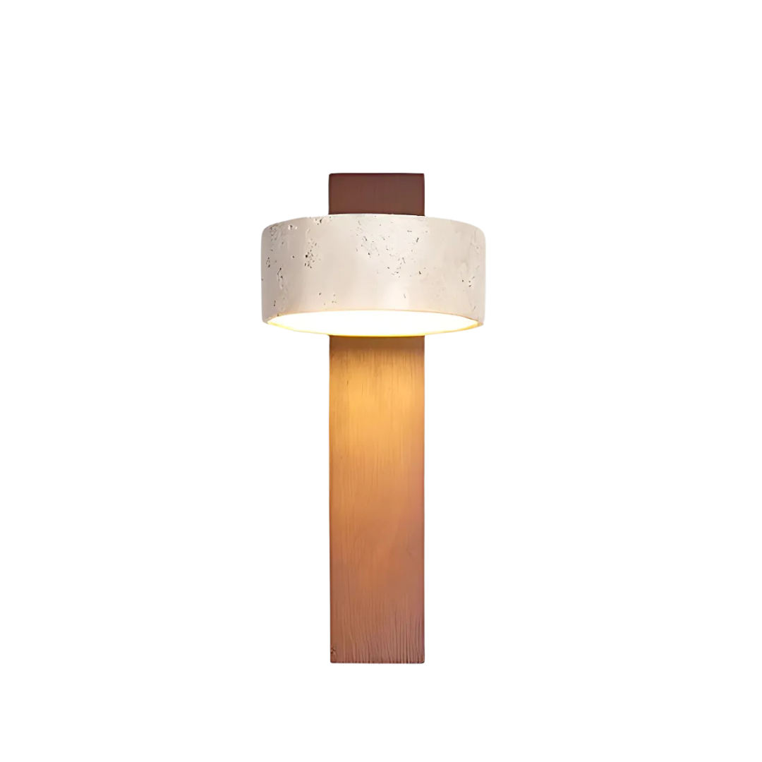 LumoTerra: Elegante Applique LED 1-fiamma in Pietra Naturale Travertino e Legno – per Soggiorno e Corridoio