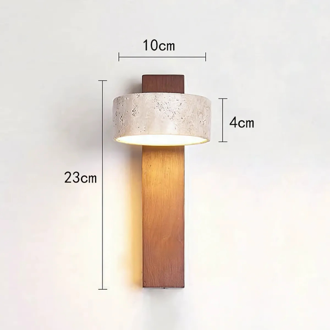 LumoTerra: Elegante Applique LED 1-fiamma in Pietra Naturale Travertino e Legno – per Soggiorno e Corridoio