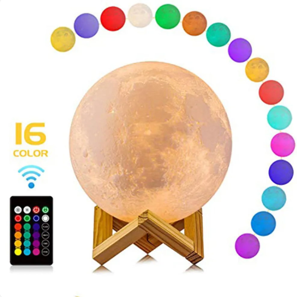 LunaGlanz: Lampada LED a forma di Luna – Senza fili, Dimmerabile e Ricaricabile con Telecomando e Base in Legno