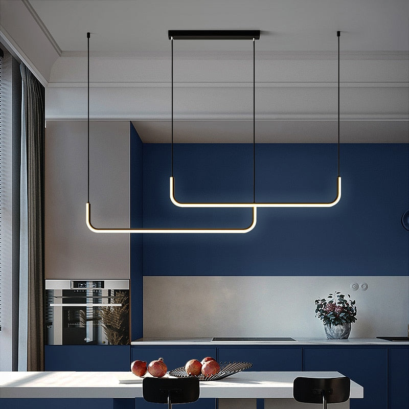 LuxLinea: Lampada a sospensione LED moderna – Lampada in metallo lineare in oro e nero per sala da pranzo e soggiorno