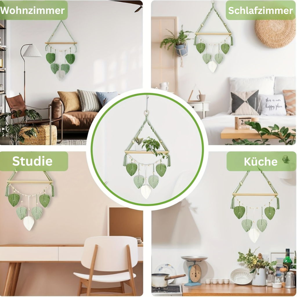 MakrameeBlatt: Mensola da parete in legno – decorativa, sospesa e appesa con foglie fatte a mano in stile Boho per camera da letto e soggiorno