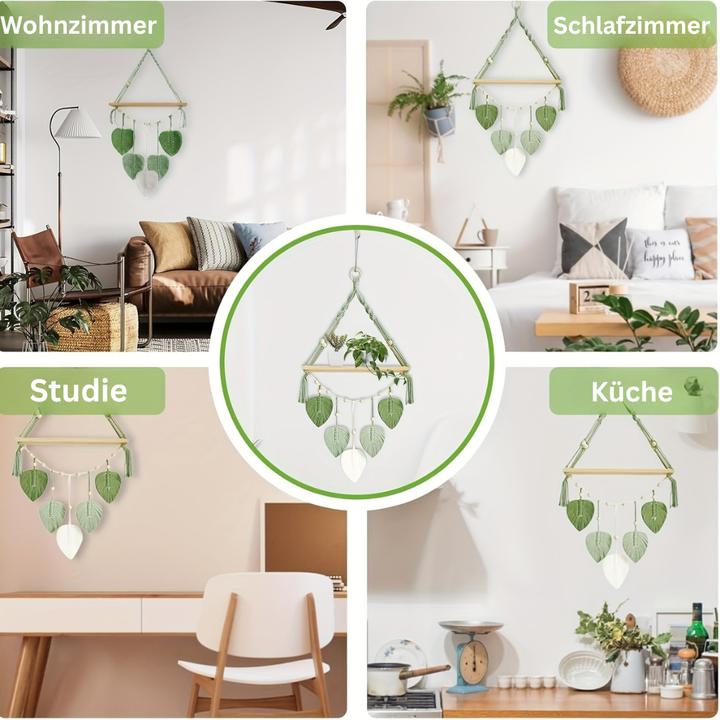 MakrameeBlatt: Mensola da parete in legno – decorativa, sospesa e appesa con foglie fatte a mano in stile Boho per camera da letto e soggiorno