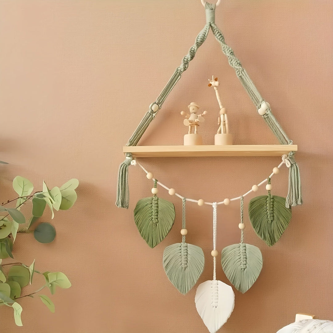 MakrameeBlatt: Mensola da parete in legno – decorativa, sospesa e appesa con foglie fatte a mano in stile Boho per camera da letto e soggiorno