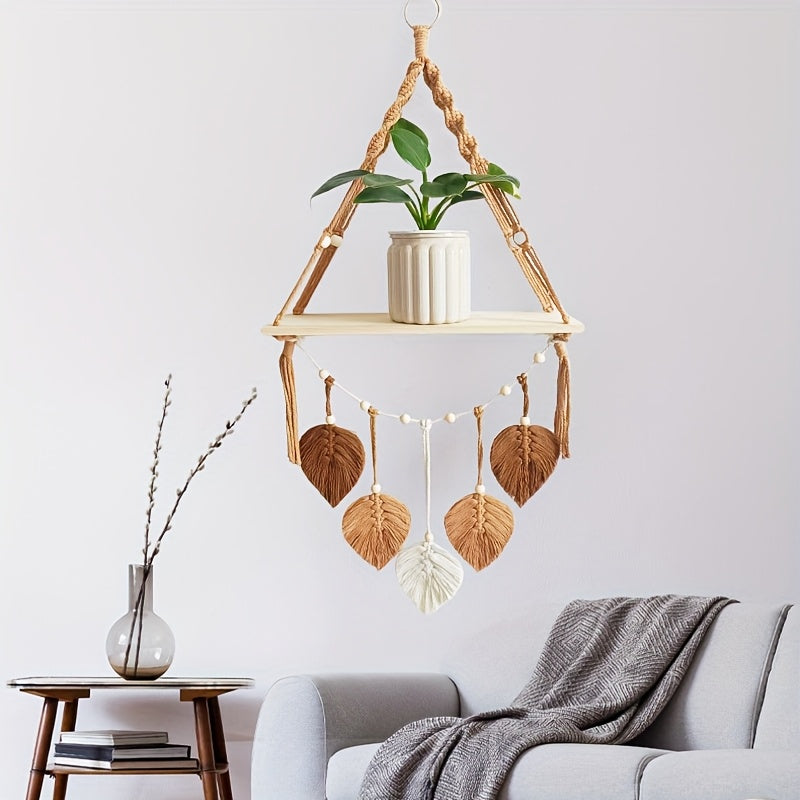 MakrameeBlatt: Mensola da parete in legno – decorativa, sospesa e appesa con foglie fatte a mano in stile Boho per camera da letto e soggiorno