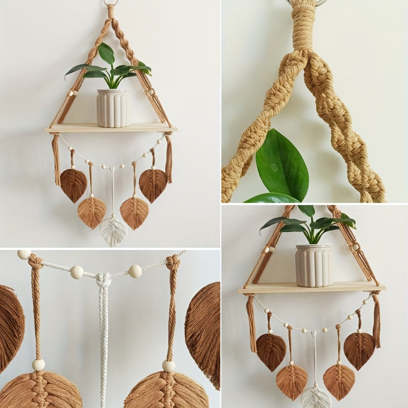 MakrameeBlatt: Mensola da parete in legno – decorativa, sospesa e appesa con foglie fatte a mano in stile Boho per camera da letto e soggiorno
