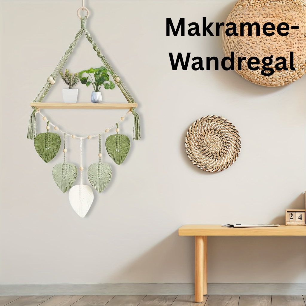 MakrameeBlatt: Mensola da parete in legno – decorativa, sospesa e appesa con foglie fatte a mano in stile Boho per camera da letto e soggiorno