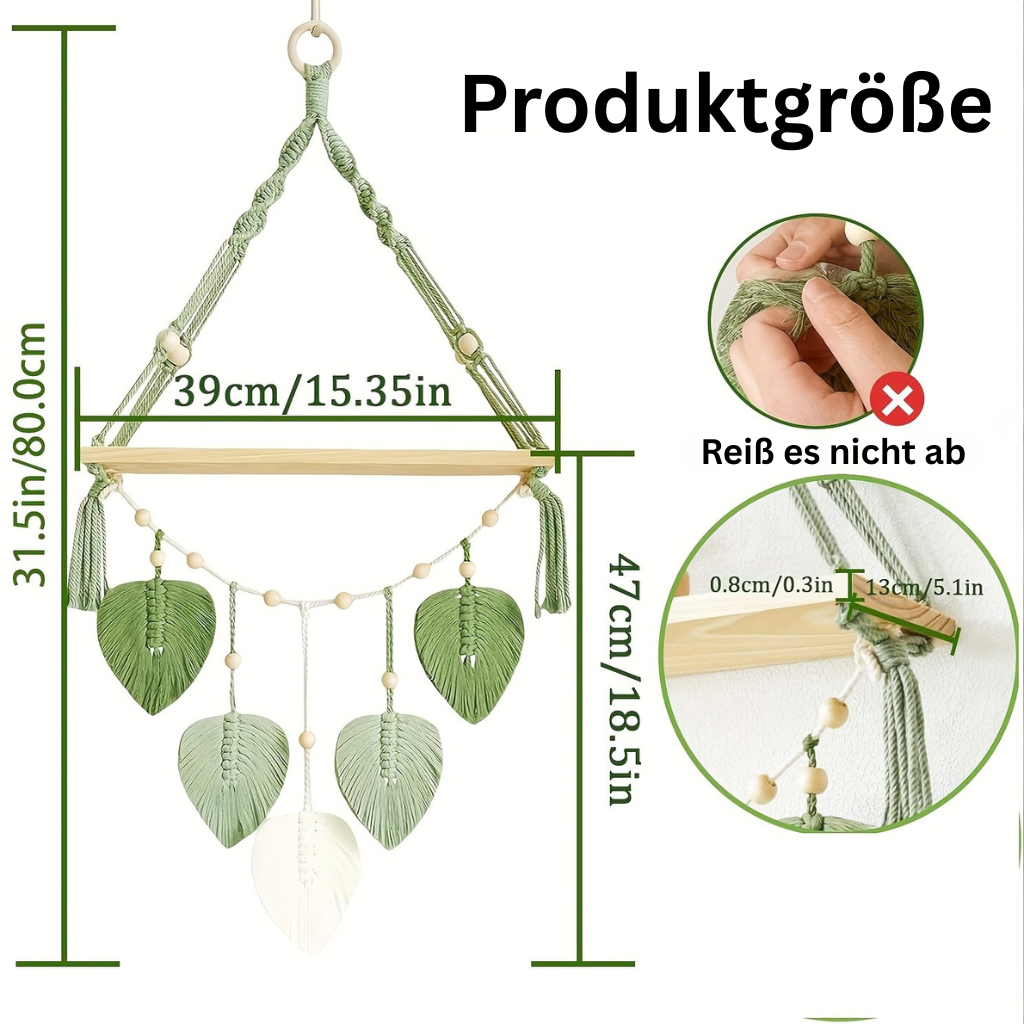 MakrameeBlatt: Mensola da parete in legno – decorativa, sospesa e appesa con foglie fatte a mano in stile Boho per camera da letto e soggiorno