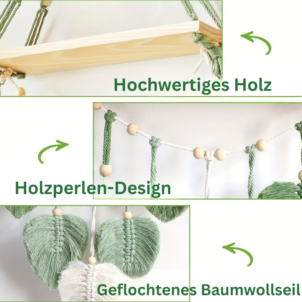 MakrameeBlatt: Mensola da parete in legno – decorativa, sospesa e appesa con foglie fatte a mano in stile Boho per camera da letto e soggiorno