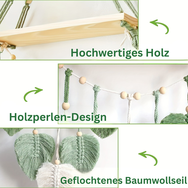 MakrameeBlatt: Mensola da parete in legno – decorativa, sospesa e appesa con foglie fatte a mano in stile Boho per camera da letto e soggiorno