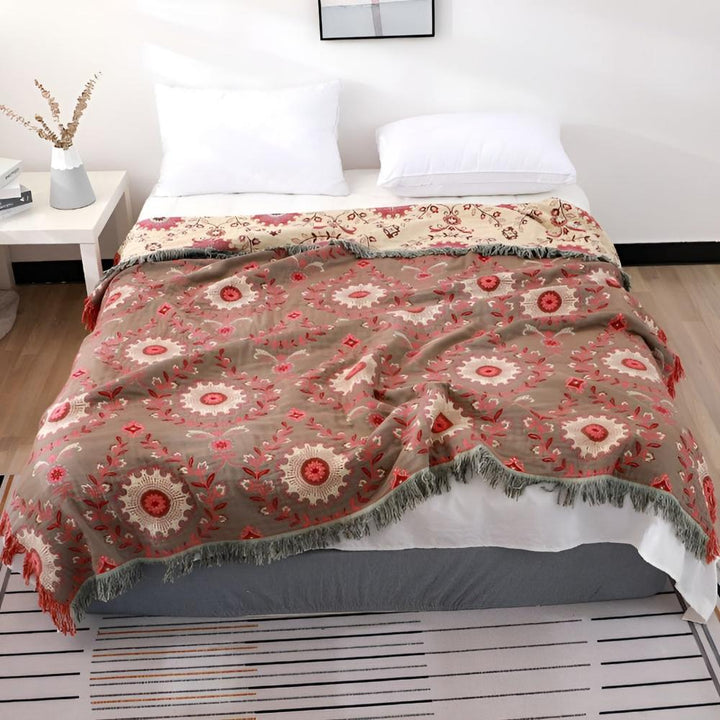 Mandala-Webstuhl: Coperta in cotone reversibile con design retro-mandala e struttura traspirante – per divano e camera da letto