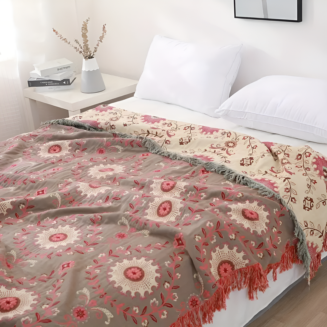 Mandala-Webstuhl: Coperta in cotone reversibile con design retro-mandala e struttura traspirante – per divano e camera da letto