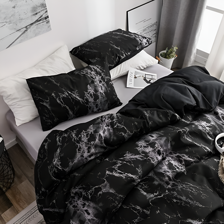 MarmorLux: Set copripiumino moderno – elegante, morbido e durevole con design in marmo nero per la camera da letto
