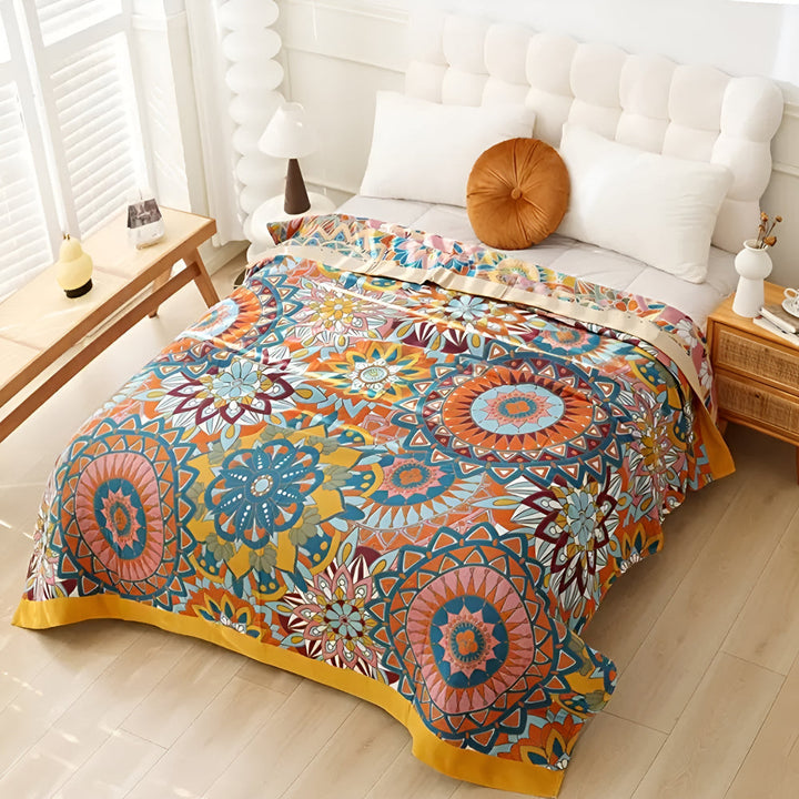 Marrakeschweberei: Coperta in cotone traspirante con motivo floreale jacquard marocchino e struttura elegante – per divano e camera da letto