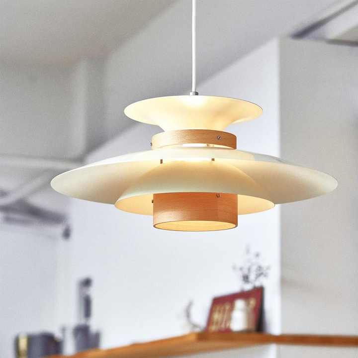 MerceroLux: Lampada a sospensione in alluminio e legno con 4 paralumi mobili e attacco E27 – per zona pranzo e camera dei bambini