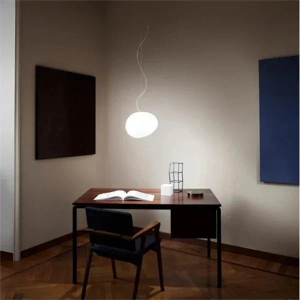 Bianco Latte – Lampada a sospensione in vetro satinato con accenti metallici – per soggiorno e sala da pranzo